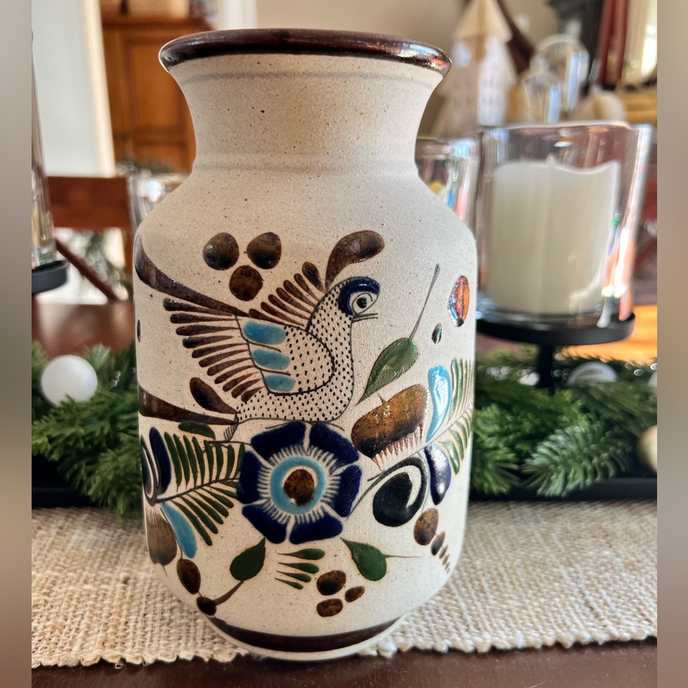 Mexican Tonala pottery Vase with raised enamel detail